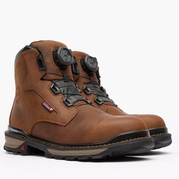 A 3/4 right turned pair of Rocky Rams Horn BOA Waterproof Composite Toe 6" Work Boots.