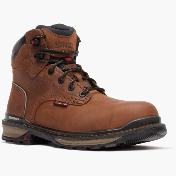 A 3/4 right turned Rocky Rams Horn Waterproof Composite Toe 6" Work Boot.