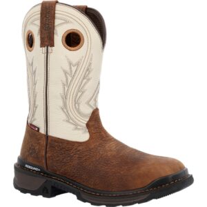 A 3/4 right turned Rocky Rams Horn Waterproof Composite Toe Pull-On Work Boot.
