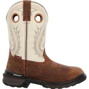 A right profile facing Rocky Rams Horn Waterproof Composite Toe Pull-On Work Boot.