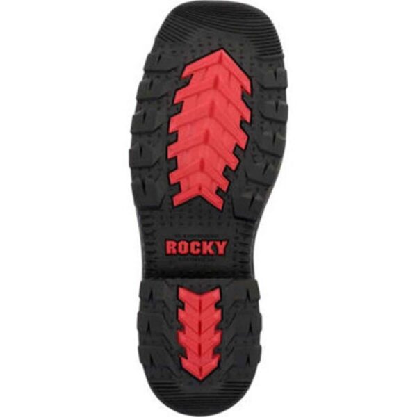 A look at the sole on a pair of Rocky Rams Horn Waterproof Composite Toe Pull-On Work Boot.