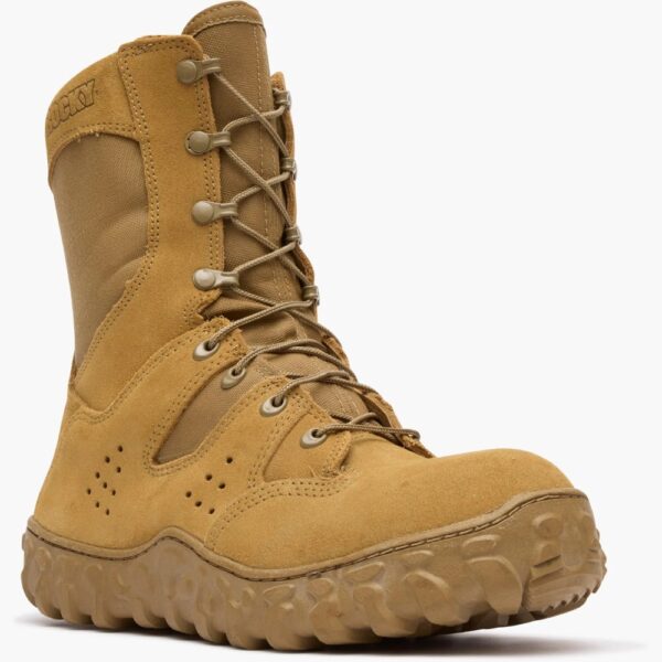 A 3/4 right turned Rocky S2V Predator Composite Toe 8" Uniform Boot.