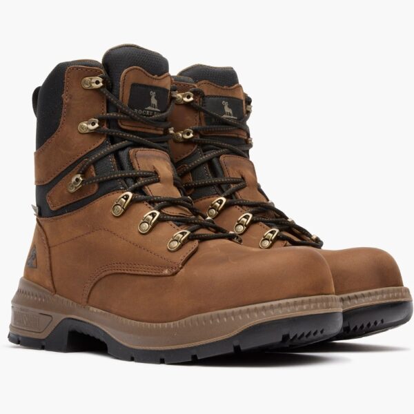 A 3/4 right turned pair of Rocky Worksmart Composite Toe 8" Work Boots.