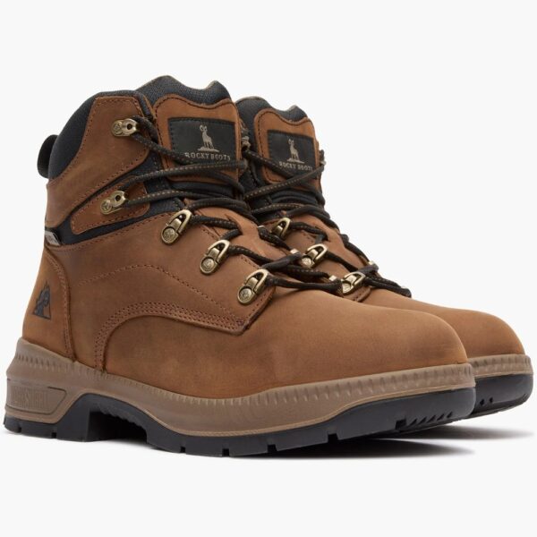 A 3/4 right turned pair of Rocky Worksmart Waterproof 6" Work Boots.