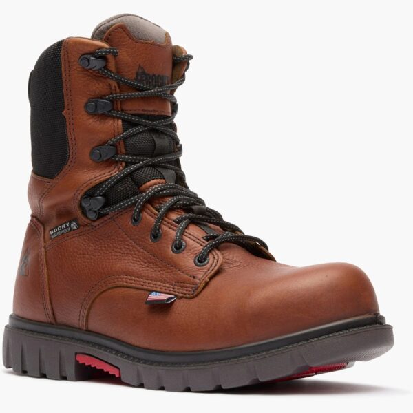 A 3/4 right turned Rocky Worksmart Waterproof Composite Toe 8" Work Boot.