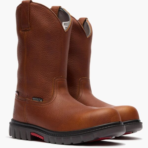 A 3/4 right turned pair of Rocky Worksmart Waterproof Composite Toe Pull-On Work Boots.