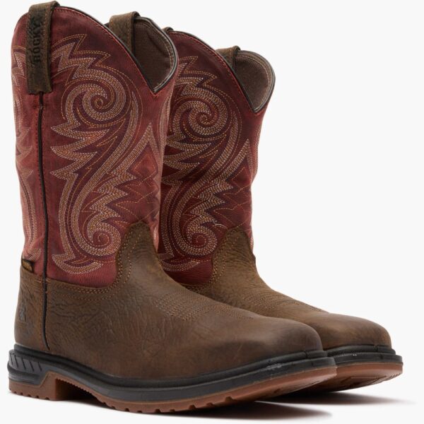 A 3/4 right turned pair of Rocky Worksmart Waterproof Composite Toe Western 11" Pull-On Work Boots.