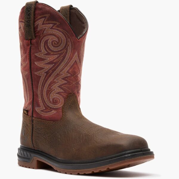 A 3/4 right turned Rocky Worksmart Waterproof Composite Toe Western 11" Pull-On Work Boot.
