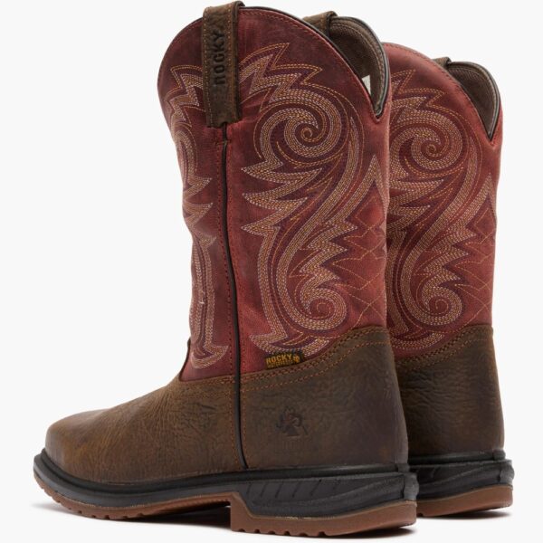 A shot of the heels of a pair of Rocky Worksmart Waterproof Composite Toe Western 11" Pull-On Work Boots.
