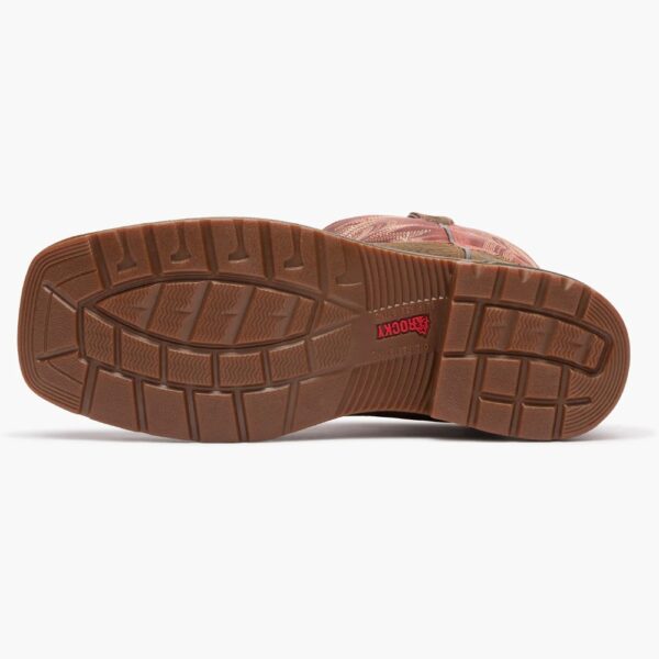 A look at the sole on a pair of Rocky Worksmart Waterproof Composite Toe Western 11" Pull-On Work Boot.