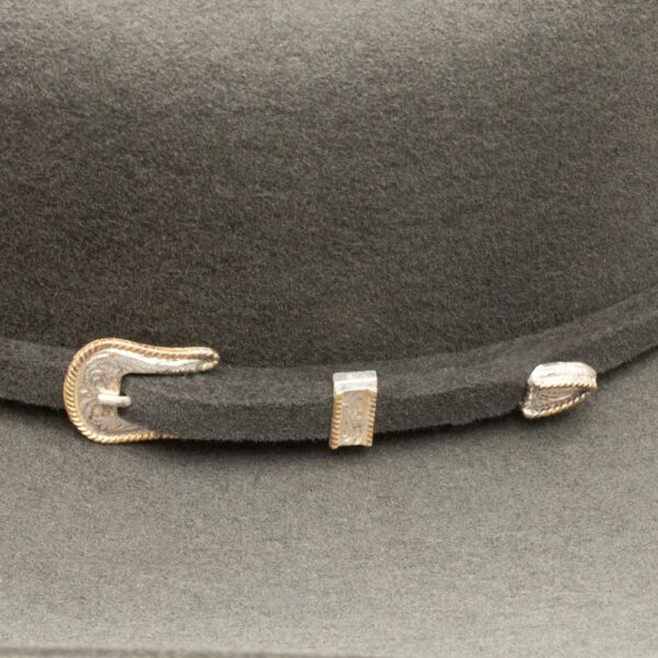 A closeup look at the hatband on a Stetson Oakridge 3X Granite Cowboy Hat.