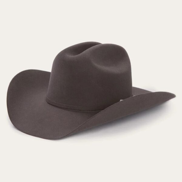 A 3/4 turned profile look at a Stetson Skyline 6X Granite Cowboy Hat.