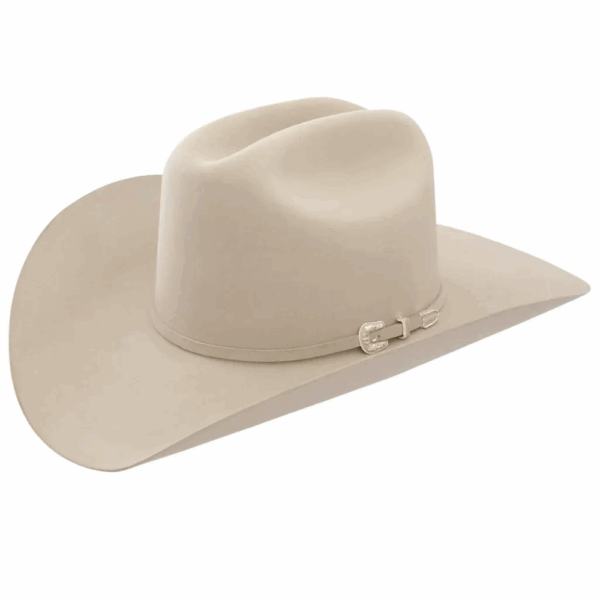A 3/4 turned profile look at a Stetson Skyline 6X Silverbelly Cowboy Hat.
