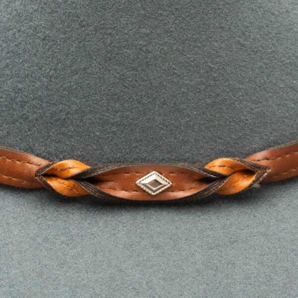A closeup look at the hatband on a Stetson Weston Denim Felt Western Cowboy Hat.