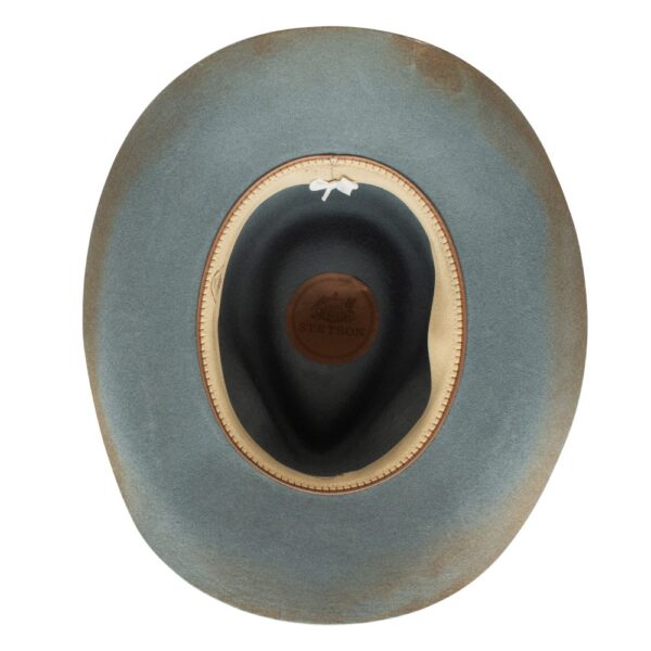 A shot of the underbrim on a Stetson Weston Denim Felt Western Cowboy Hat.