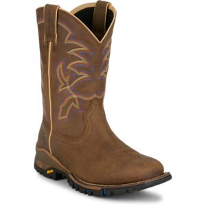 A 3/4 right turned Tony Lama Roustabout 11" Waterproof Tan Pull-On Work Boot.