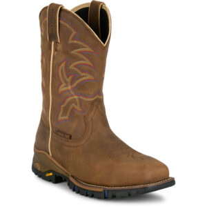 A 3/4 right turned Tony Lama Roustabout 11" Waterproof Tan Steel Toe Pull-On Work Boot.