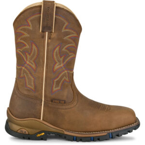 A right profile facing Tony Lama Roustabout 11" Waterproof Tan Steel Toe Pull-On Work Boot.