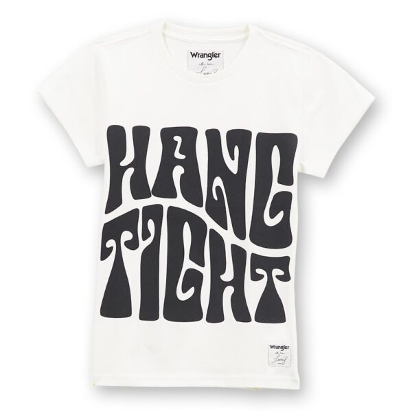A picture of the front of a Wrangler Lainey Wilson Hang Tight Shrunken Band Short Sleeve T-Shirt.