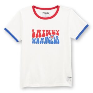 A picture of the front of a Wrangler Lainey Wilson Slim Ringer Short Sleeve T-Shirt.