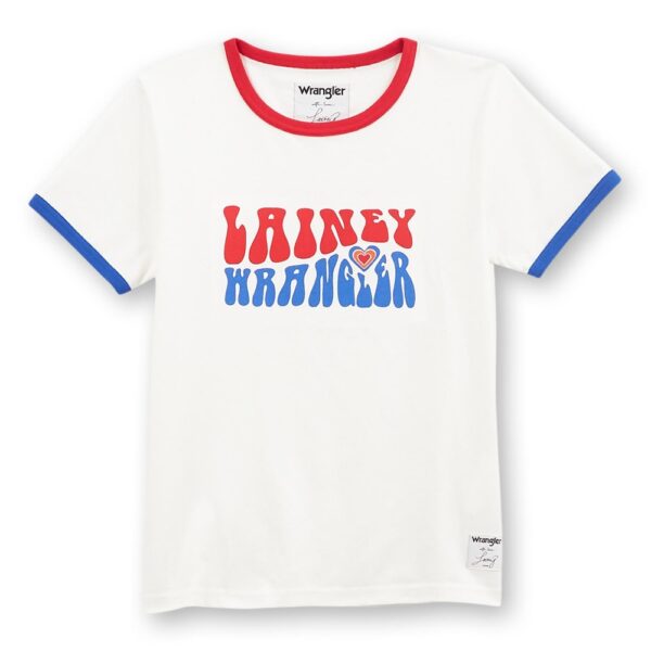 A picture of the front of a Wrangler Lainey Wilson Slim Ringer Short Sleeve T-Shirt.