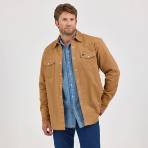 A modeled, front facing look at the Wrangler Long Sleeve Flannel Lined Solid Work Shirt.