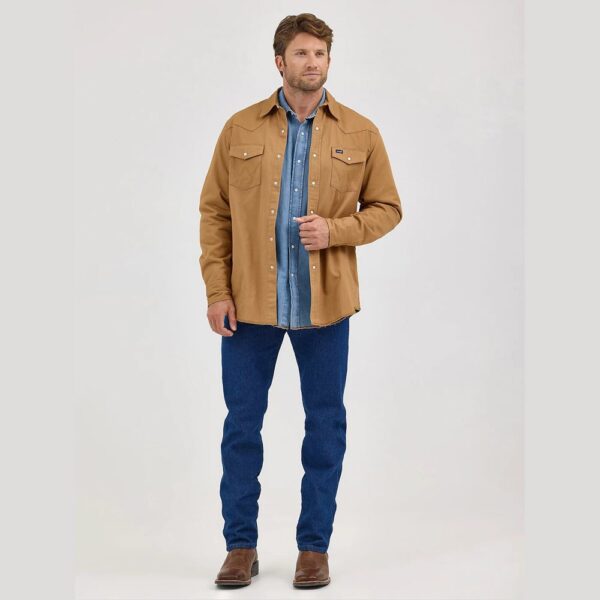 A full-bodied, modeled shot of a Wrangler Long Sleeve Flannel Lined Solid Work Shirt.