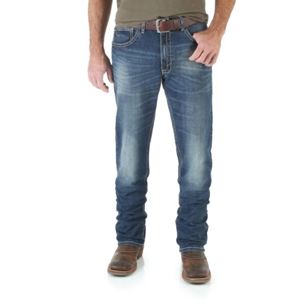 A modeled, forward-facing look at a pair of Wrangler Men's 20X No. 42 Vintage Bootcut Jeans.