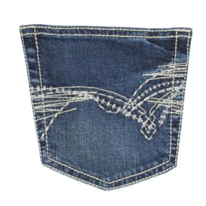 A detailed, closeup look at the stitching and design on a Wrangler Men's 20X No. 42 Vintage Bootcut Jean pocket.