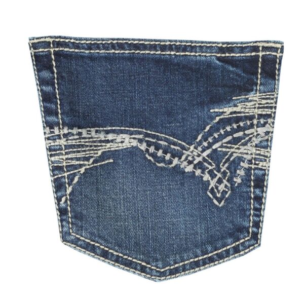 A detailed, closeup look at the stitching and design on a Wrangler Men's 20X No. 42 Vintage Bootcut Jean pocket.