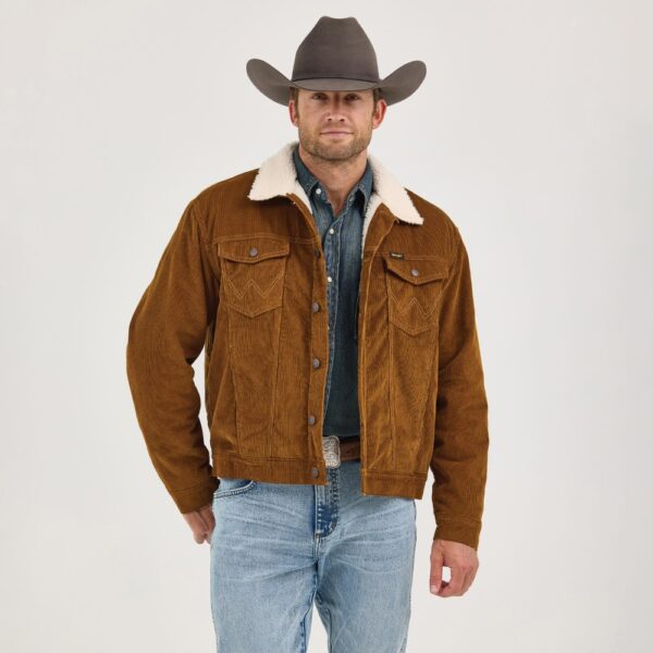 A modeled, front facing look at the Wrangler Men's Cowboy Cut Sherpa Lined Corduroy Jacket.