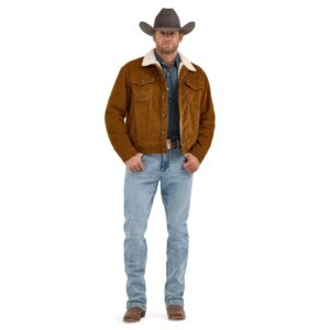 A full-bodied, modeled shot of a Wrangler Men's Cowboy Cut Sherpa Lined Corduroy Jacket.