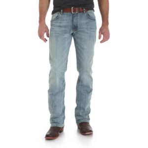 A modeled, forward-facing look at a pair of Wrangler Men's Retro Slim Fit Bootcut Jeans.