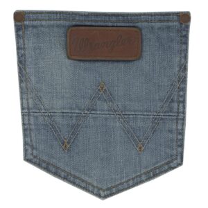 A detailed, closeup look at the stitching and design on a Wrangler Men's Retro Slim Fit Bootcut Jean pocket.
