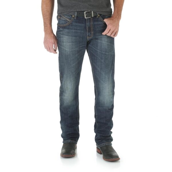 A modeled, forward-facing look at a pair of Wrangler Men's Retro Slim Fit Straight Leg Jeans.