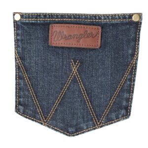 A detailed, closeup look at the stitching and design on a Wrangler Men's Retro Slim Fit Straight Leg Jean pocket.
