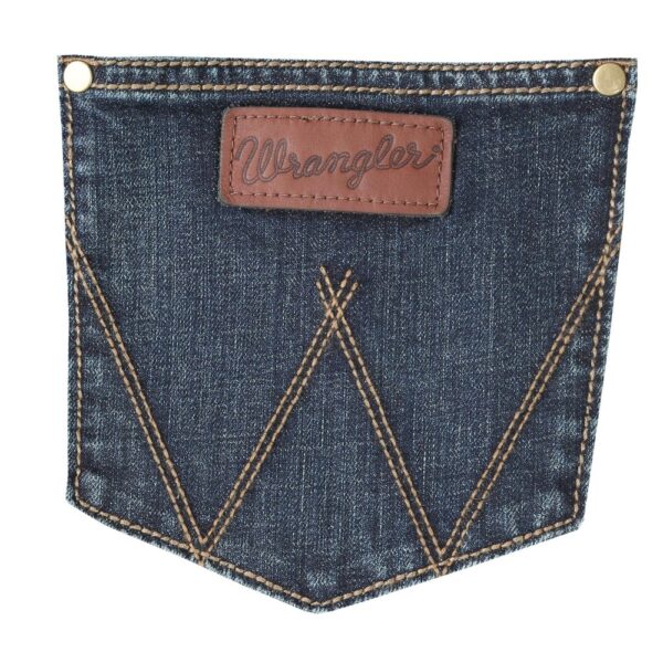 A detailed, closeup look at the stitching and design on a Wrangler Men's Retro Slim Fit Straight Leg Jean pocket.