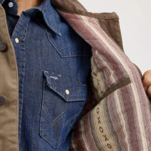 A closeup look at the lining and inside pocket on a Wrangler Men's Western Lined Canvas Barn Coat.