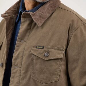 A closeup look at chest pocket on a Wrangler Men's Western Lined Canvas Barn Coat.
