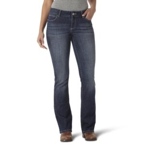 A modeled, forward-facing look at a pair of Wrangler Women's Essential Mid-Rise Bootcut Jeans.