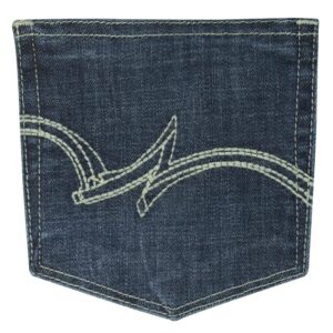 A detailed, closeup look at the stitching and design on a Wrangler Women's Essential Mid-Rise Bootcut Jean pocket.