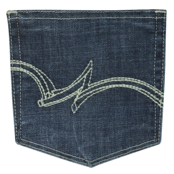 A detailed, closeup look at the stitching and design on a Wrangler Women's Essential Mid-Rise Bootcut Jean pocket.