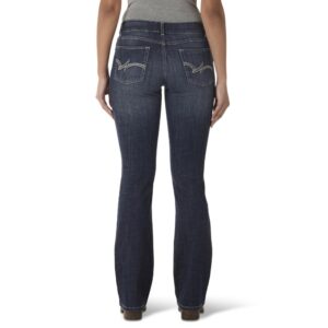 A modeled, rear-facing look at a pair of Wrangler Women's Essential Mid-Rise Bootcut Jeans.