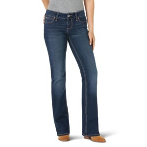 A modeled, forward-facing look at a pair of Wrangler Women's Retro Mae Mid-Rise Bootcut Jeans.