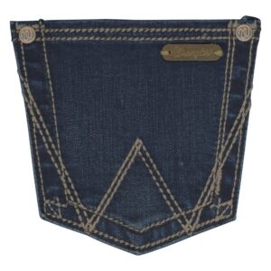 A detailed, closeup look at the stitching and patch on a Wrangler Women's Retro Mae Mid-Rise Bootcut Jean pocket.