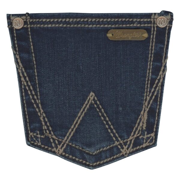A detailed, closeup look at the stitching and patch on a Wrangler Women's Retro Mae Mid-Rise Bootcut Jean pocket.
