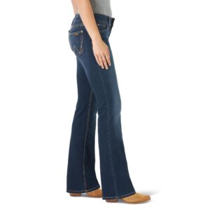 A modeled, right-side-facing look at a pair of Wrangler Women's Retro Mae Mid-Rise Bootcut Jeans.