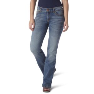 A modeled, forward-facing look at a pair of Wrangler Women's Retro Mae Mid-Rise Bootcut Jeans.