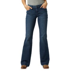 A modeled, forward-facing look at a pair of Wrangler Women's Retro Mae Wide Leg Trouser Jeans.