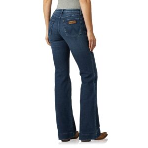 A modeled, rear-facing look at a pair of Wrangler Women's Retro Mae Wide Leg Trouser Jeans.